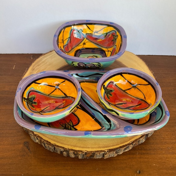 Kelly Jo Kuchar 4 PC Chip & Dip Set. Handpainted Handmade in Mexico. Signed. - Picture 2 of 16